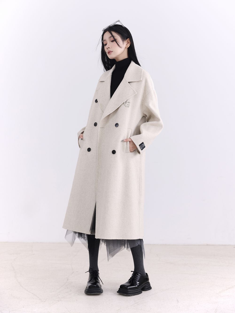 Wool Double-Button Plain Classy Long-Coat