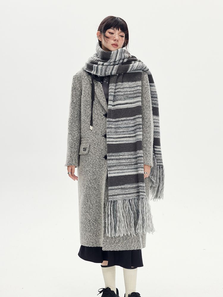 바이 컬러 까마귀 긴 캐주얼 울 코트