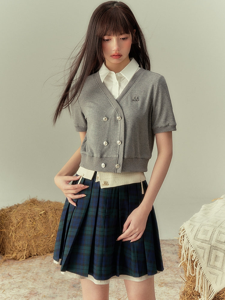 V-NECK COLLEGE SHORL KNIT HALF-SLEEVE CARDIGAN