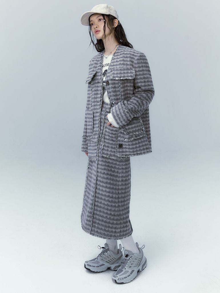 Checked Retro Wool Jacket & Skirt Set-UP