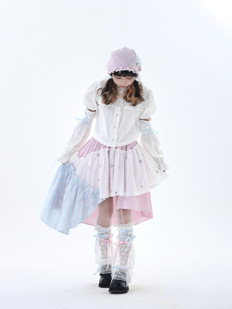 Fancy Patchwork Asymmetry Stripe Pale Girly Retro Skirt