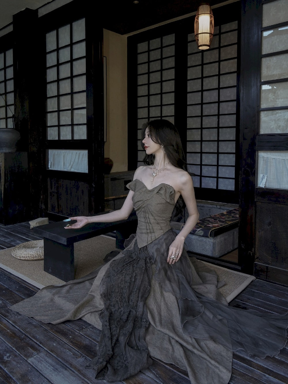 DRESS ELEGAMT LACE FLUFFILY CIFFON MODEST TOPS & SKIRT