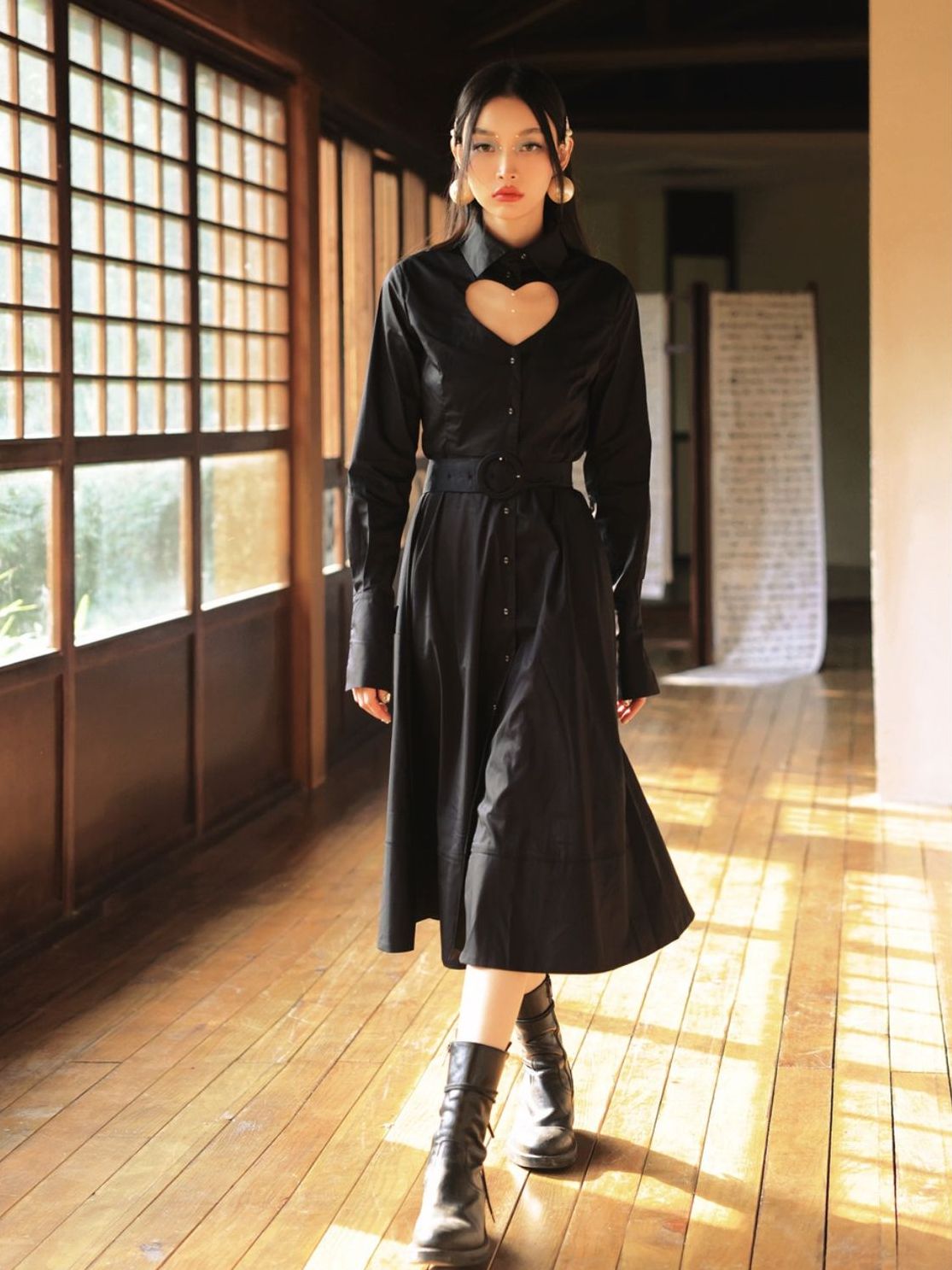 Heart-Cut Flare Belt Sexy Shirt-ONE-PIECE
