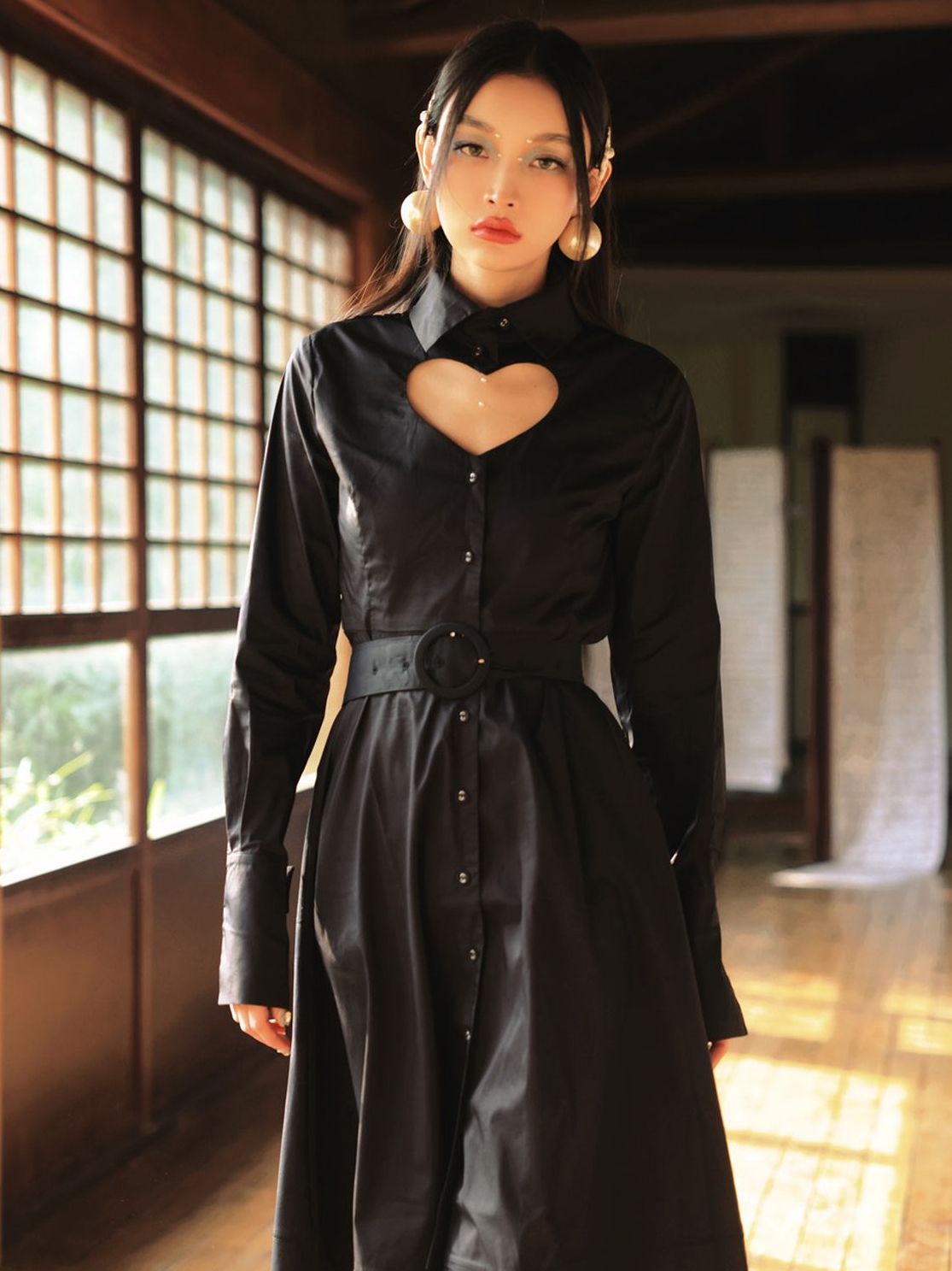 Heart-Cut Flare Belt Sexy Shirt-ONE-PIECE