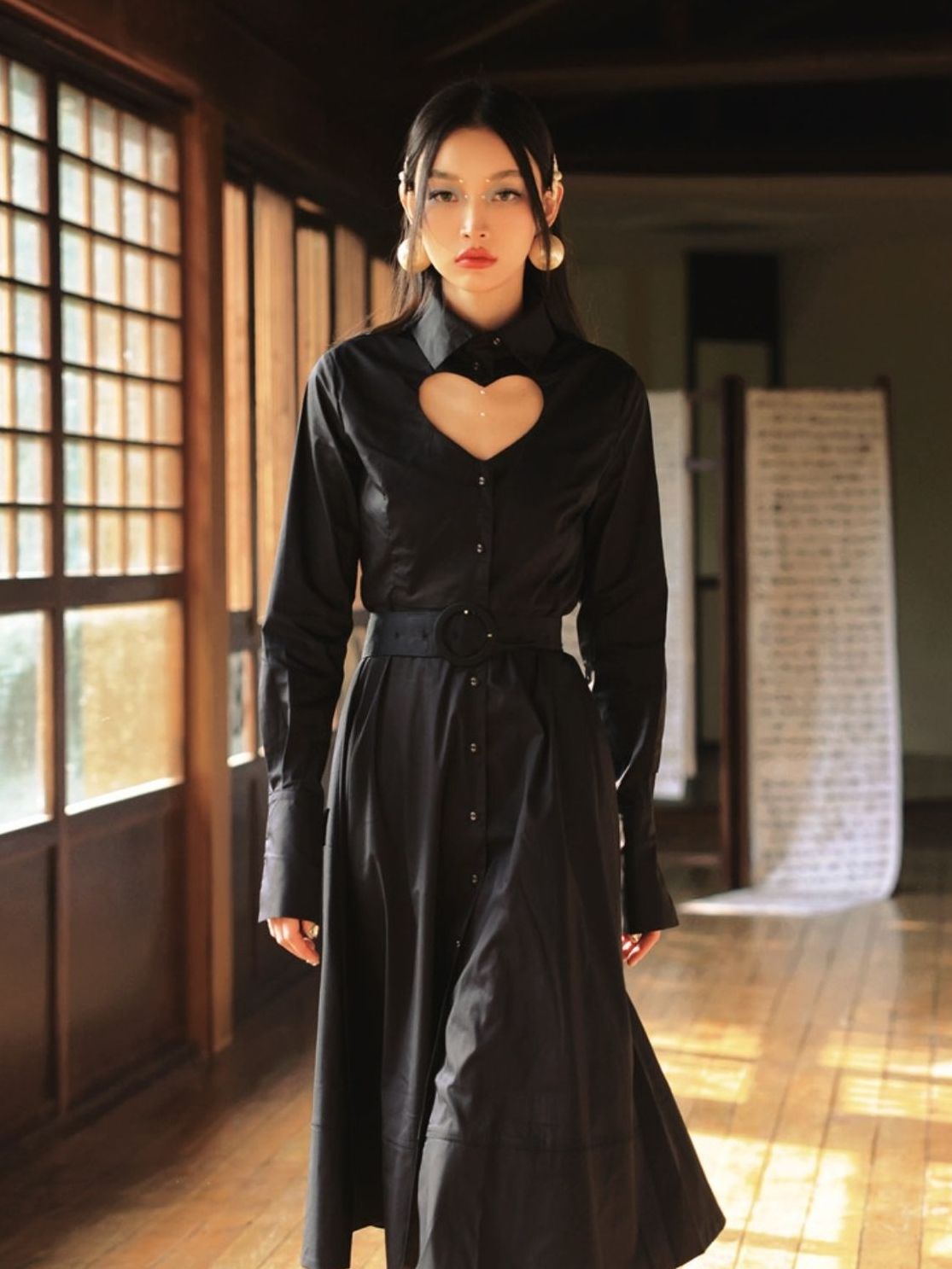 Heart-Cut Flare Belt Sexy Shirt-ONE-PIECE