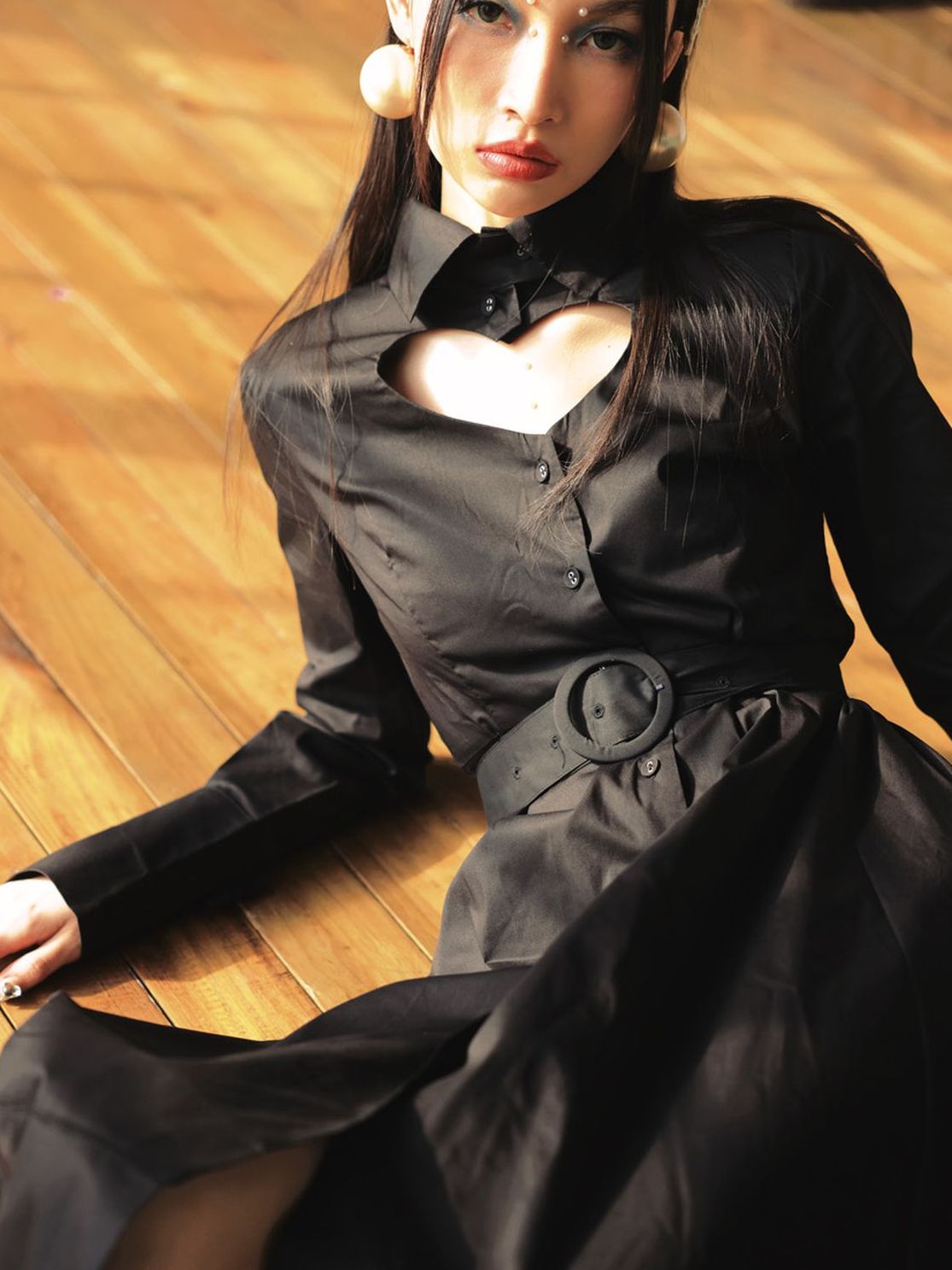 Heart-Cut Flare Belt Sexy Shirt-ONE-PIECE