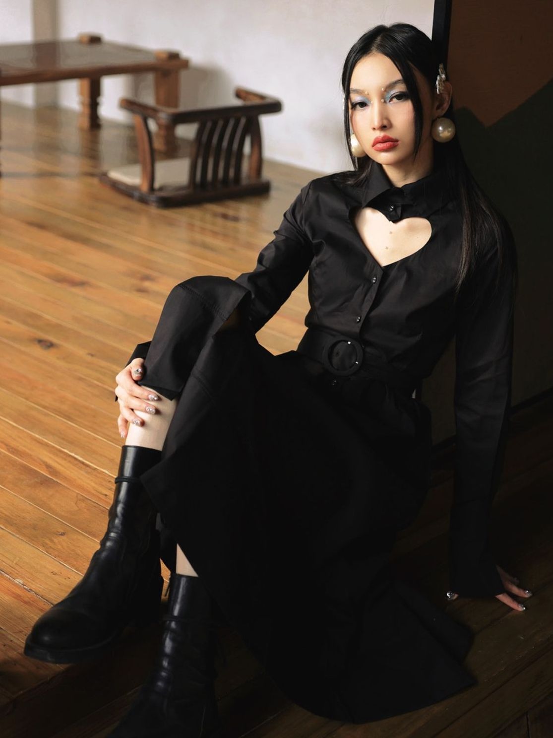 Heart-Cut Flare Belt Sexy Shirt-ONE-PIECE