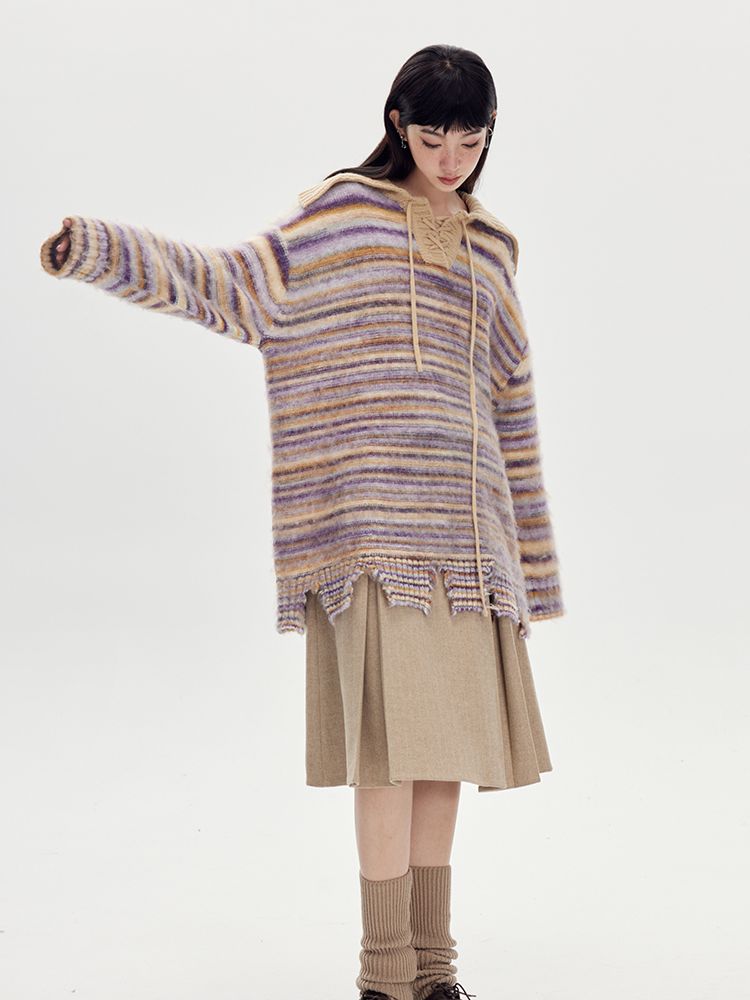 BORDER LOOSE BIG-COLLAR DAMAGE LACE-UP KNIT