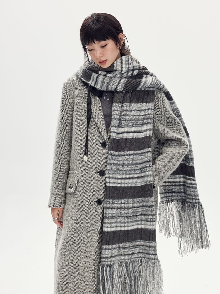 바이 컬러 까마귀 긴 캐주얼 울 코트