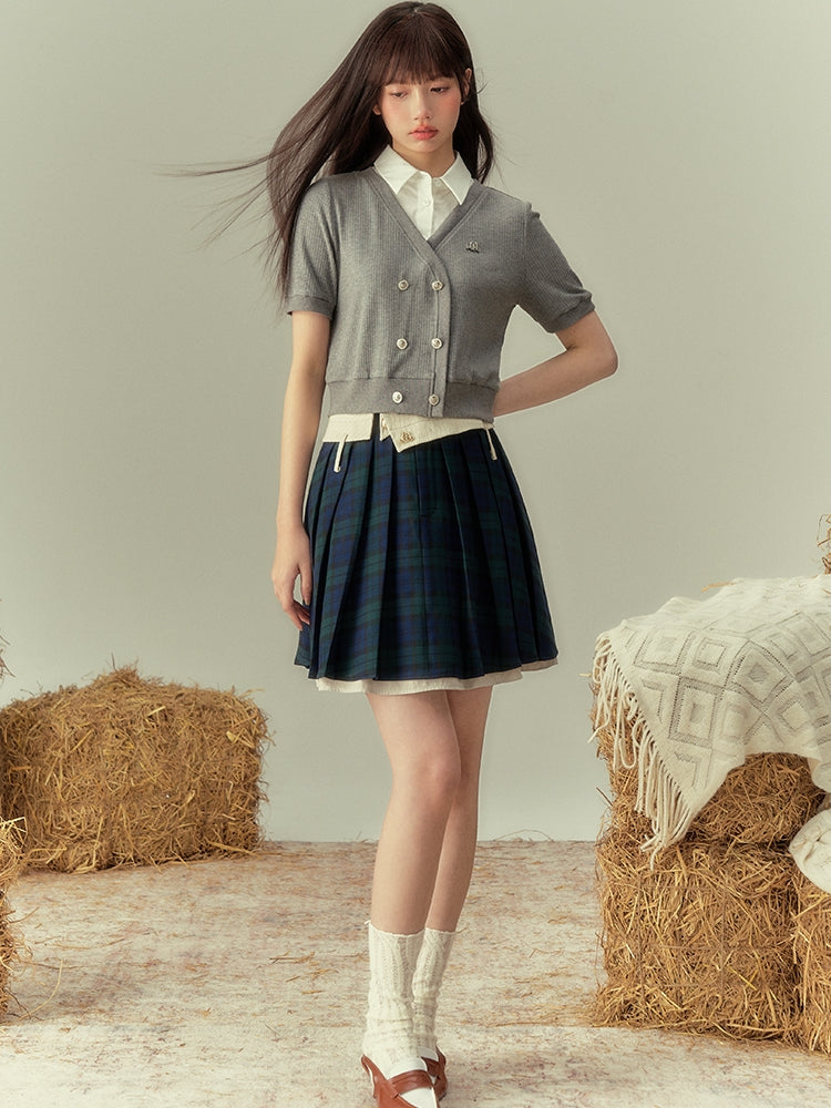 V-NECK COLLEGE SHORL KNIT HALF-SLEEVE CARDIGAN