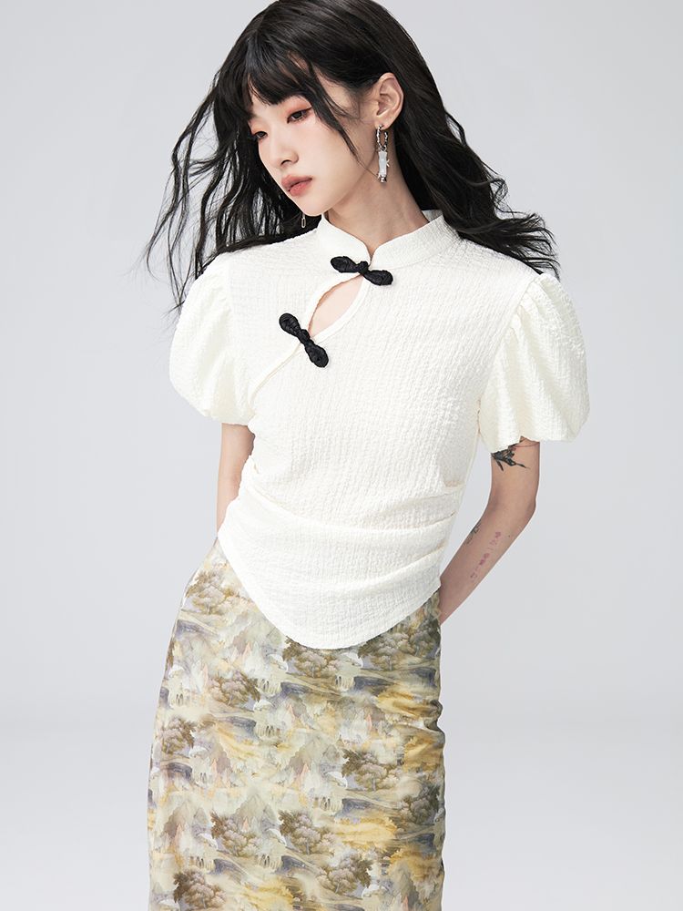 PUFF-SLEEVE FLOWER RETRO BLOUSE & PENCIL-SKIRT