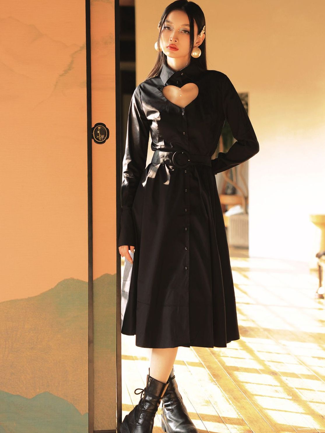 Heart-Cut Flare Belt Sexy Shirt-ONE-PIECE