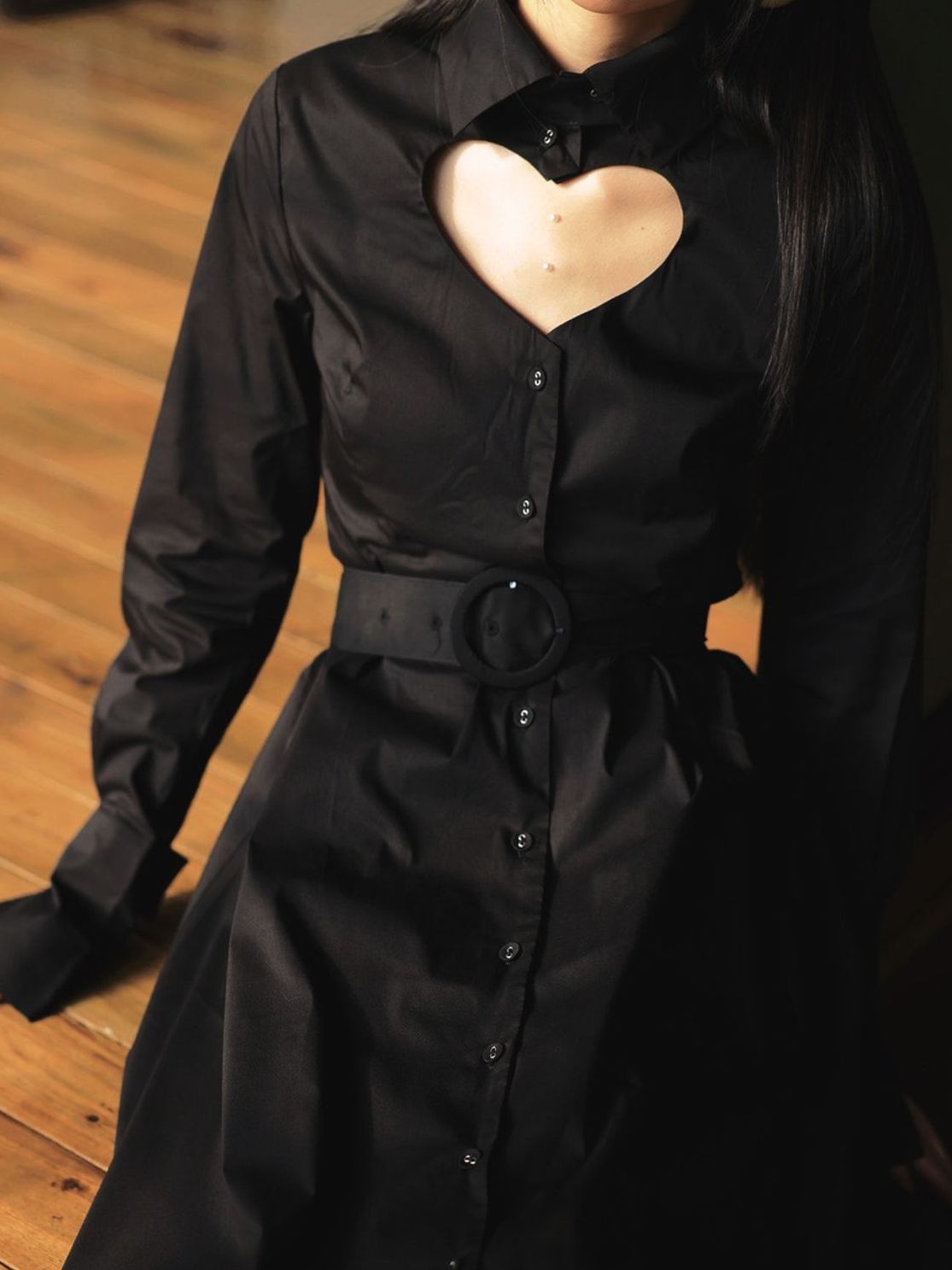 Heart-Cut Flare Belt Sexy Shirt-ONE-PIECE
