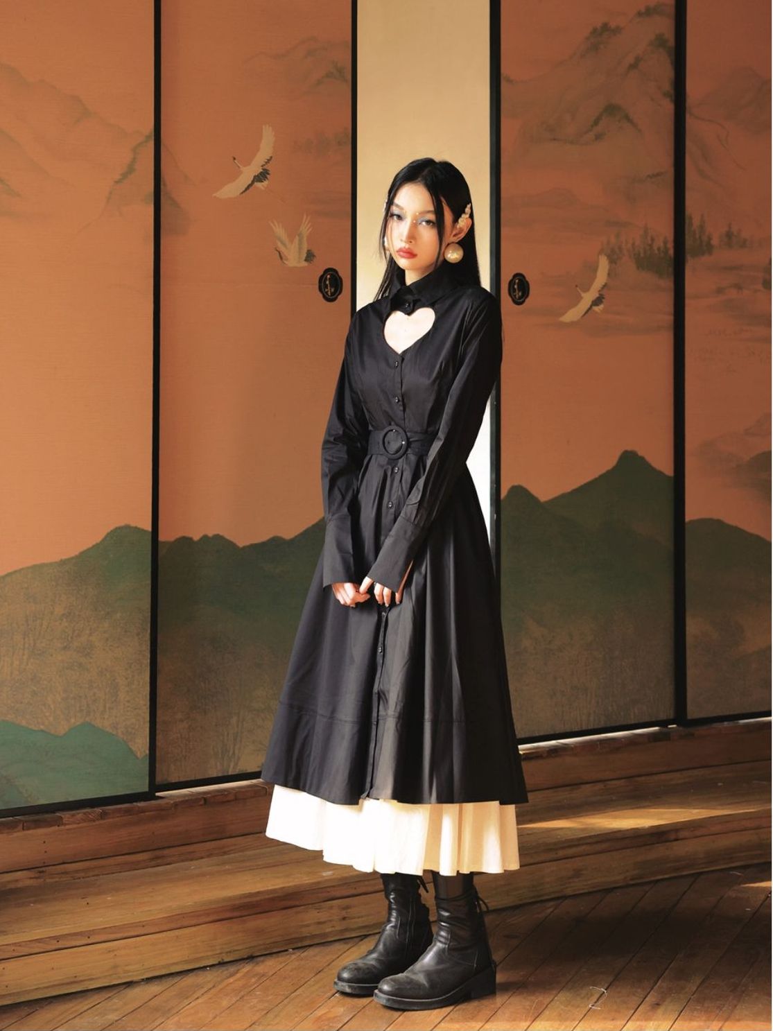 Heart-Cut Flare Belt Sexy Shirt-ONE-PIECE