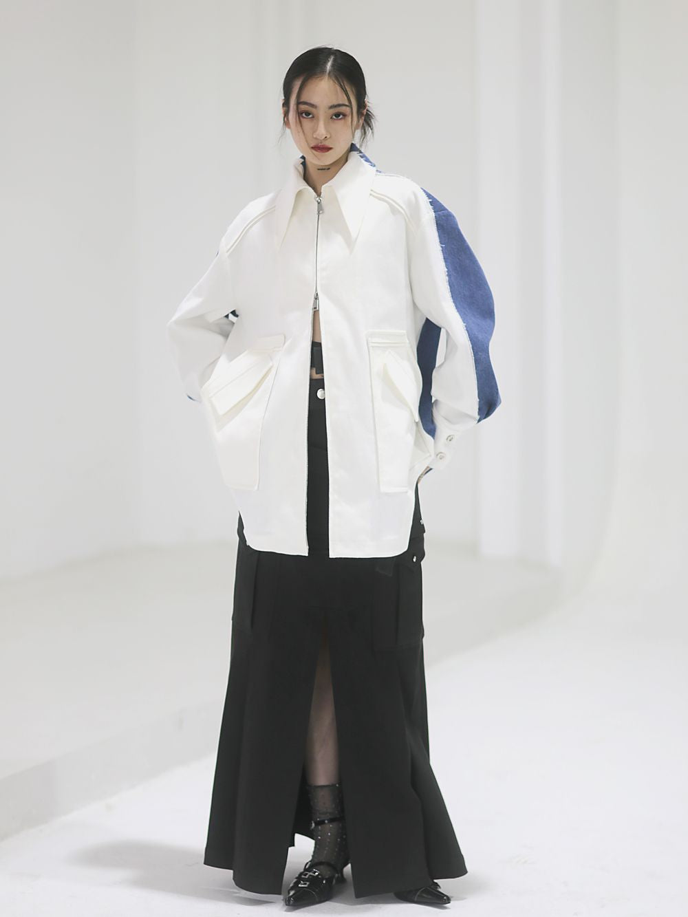 긴 니치 벨트 주름 캐주얼 치마