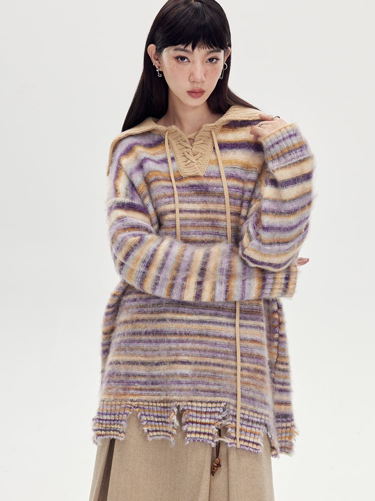 BORDER LOOSE BIG-COLLAR DAMAGE LACE-UP KNIT