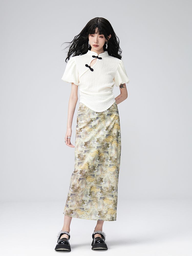 PUFF-SLEEVE FLOWER RETRO BLOUSE & PENCIL-SKIRT