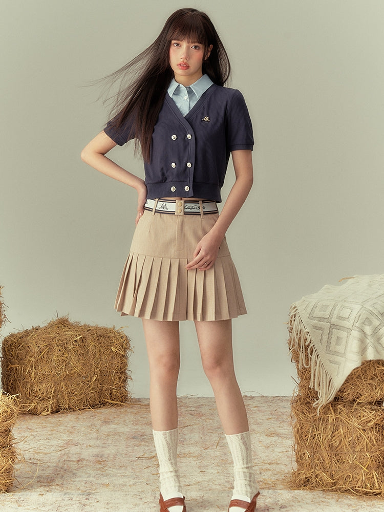 V-NECK COLLEGE SHORL KNIT HALF-SLEEVE CARDIGAN