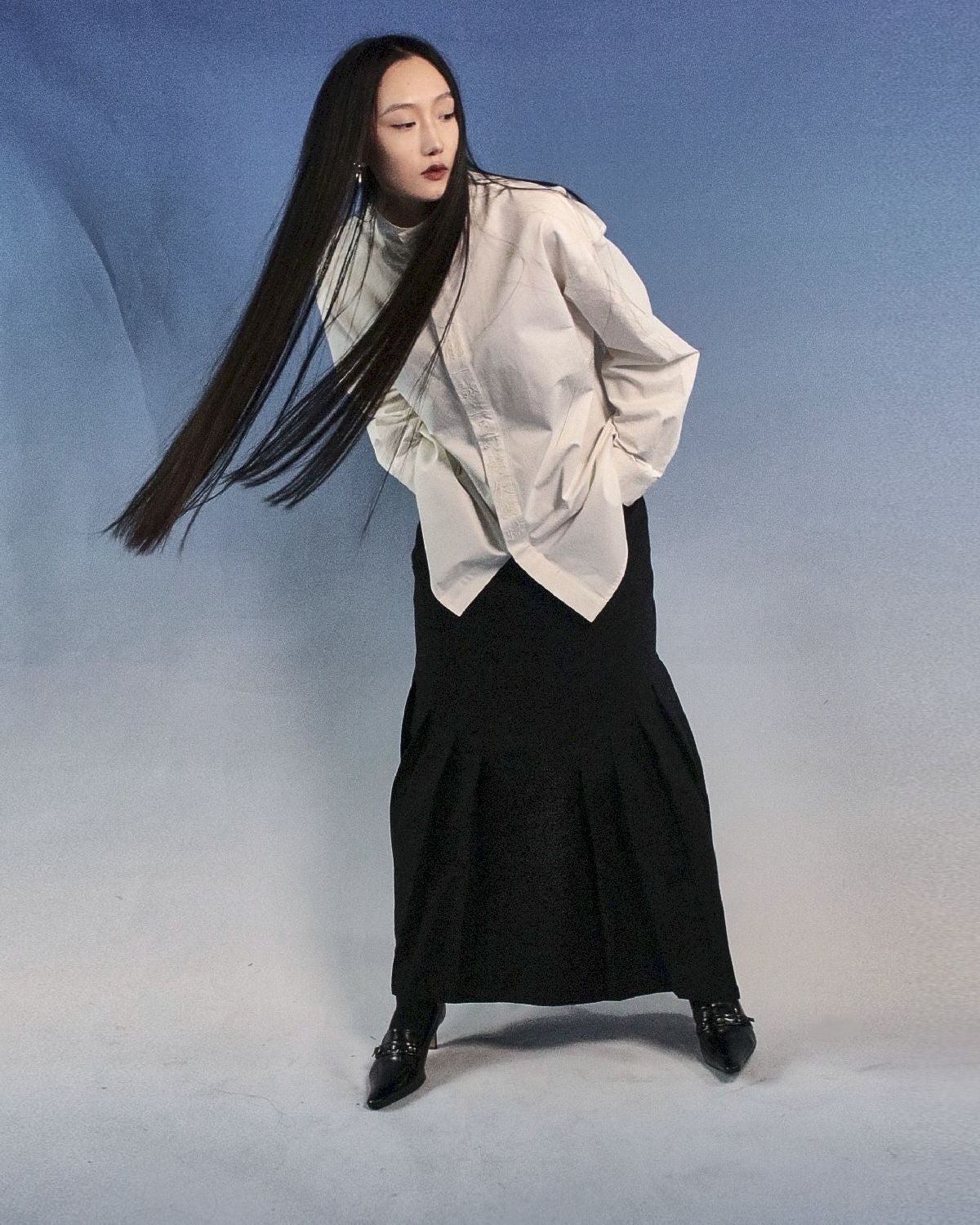 스탠드 콜라 자수 전면 비행 셔츠