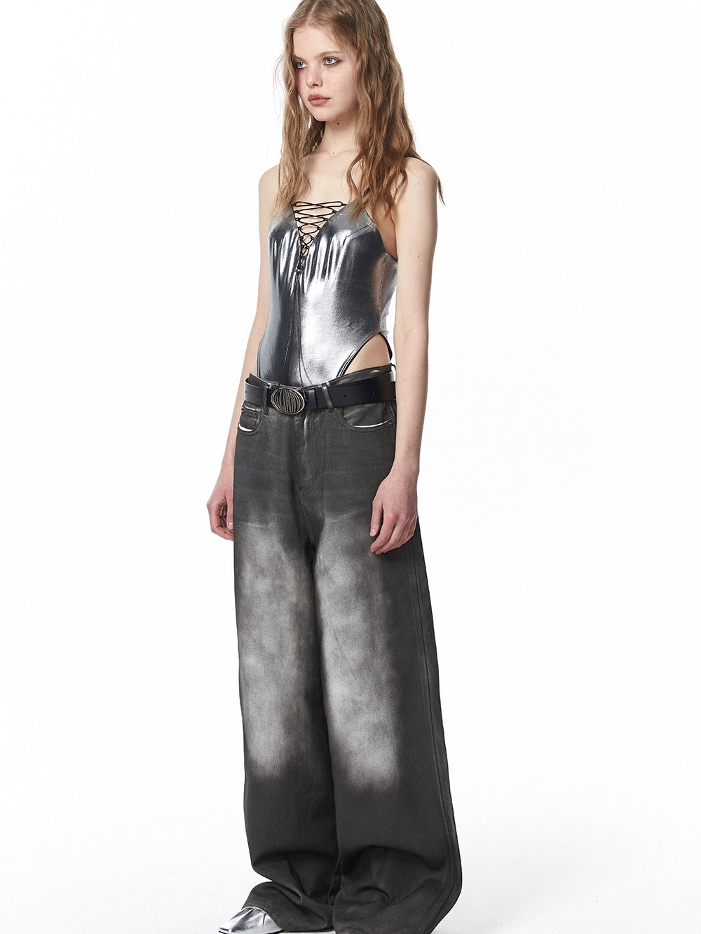 페이드-데님 청바지 넓은 시원한 바지