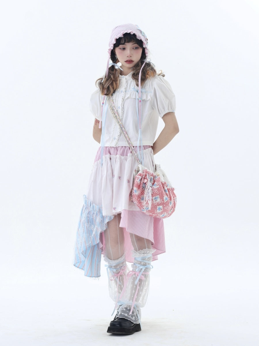 Fancy Patchwork Asymmetry Stripe Pale Girly Retro Skirt
