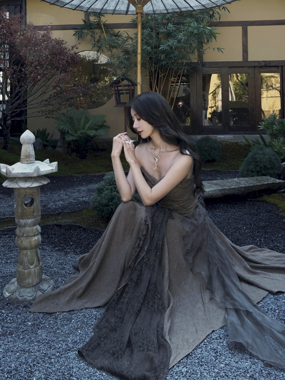 DRESS ELEGAMT LACE FLUFFILY CIFFON MODEST TOPS & SKIRT