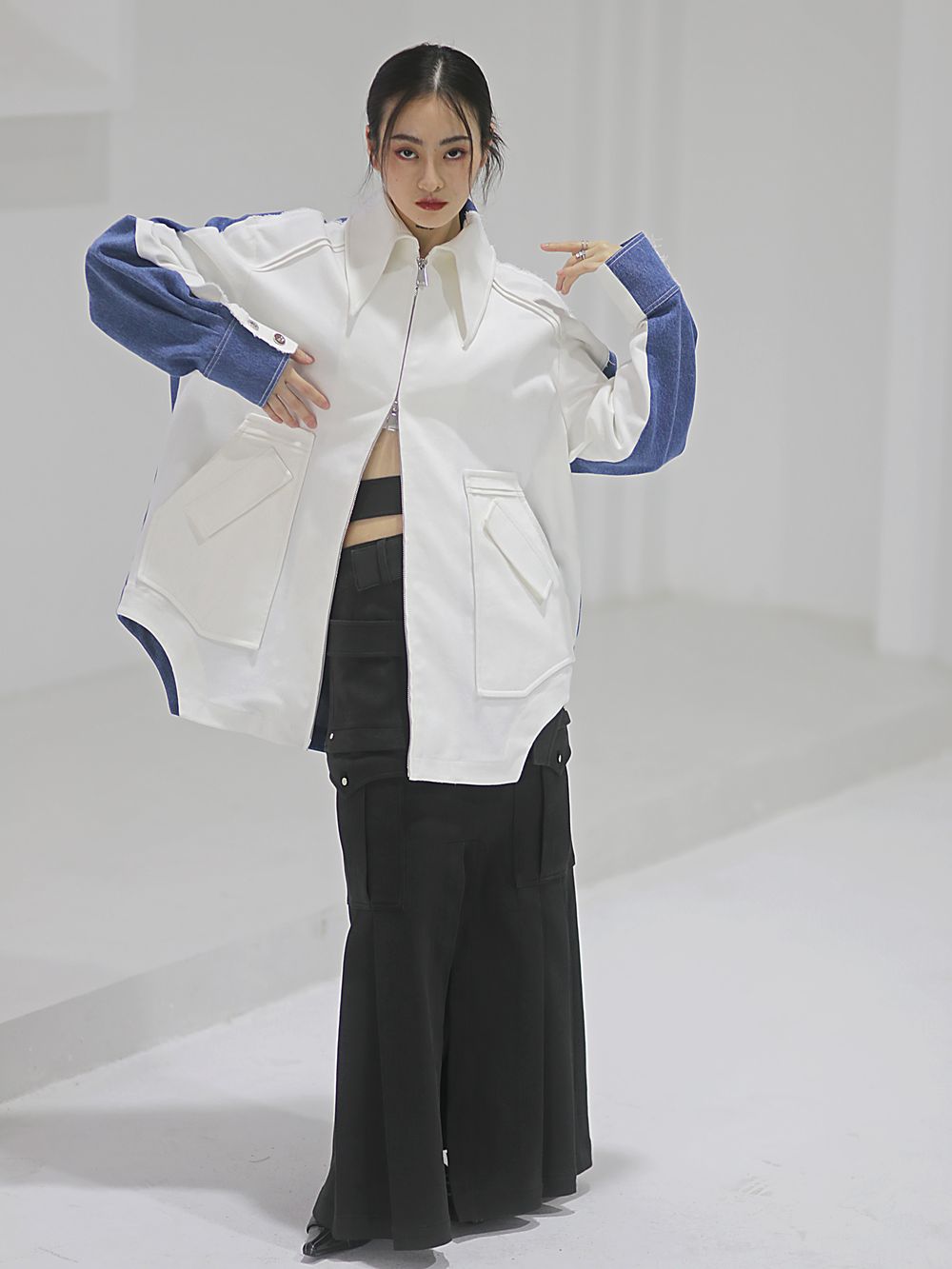 긴 니치 벨트 주름 캐주얼 치마