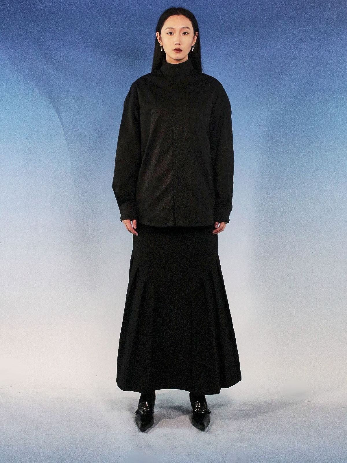 스탠드 콜라 자수 전면 비행 셔츠