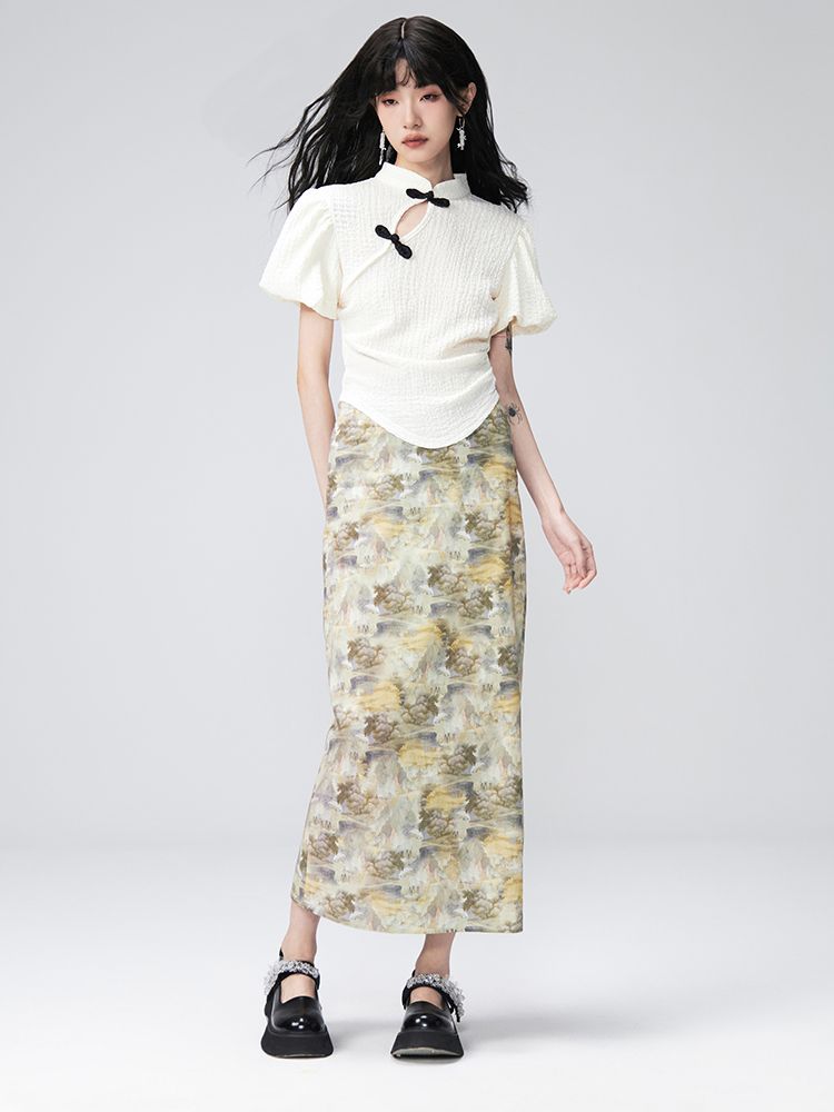 PUFF-SLEEVE FLOWER RETRO BLOUSE & PENCIL-SKIRT