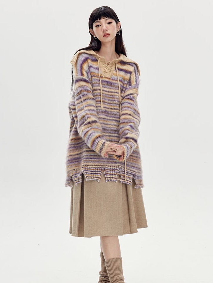 BORDER LOOSE BIG-COLLAR DAMAGE LACE-UP KNIT