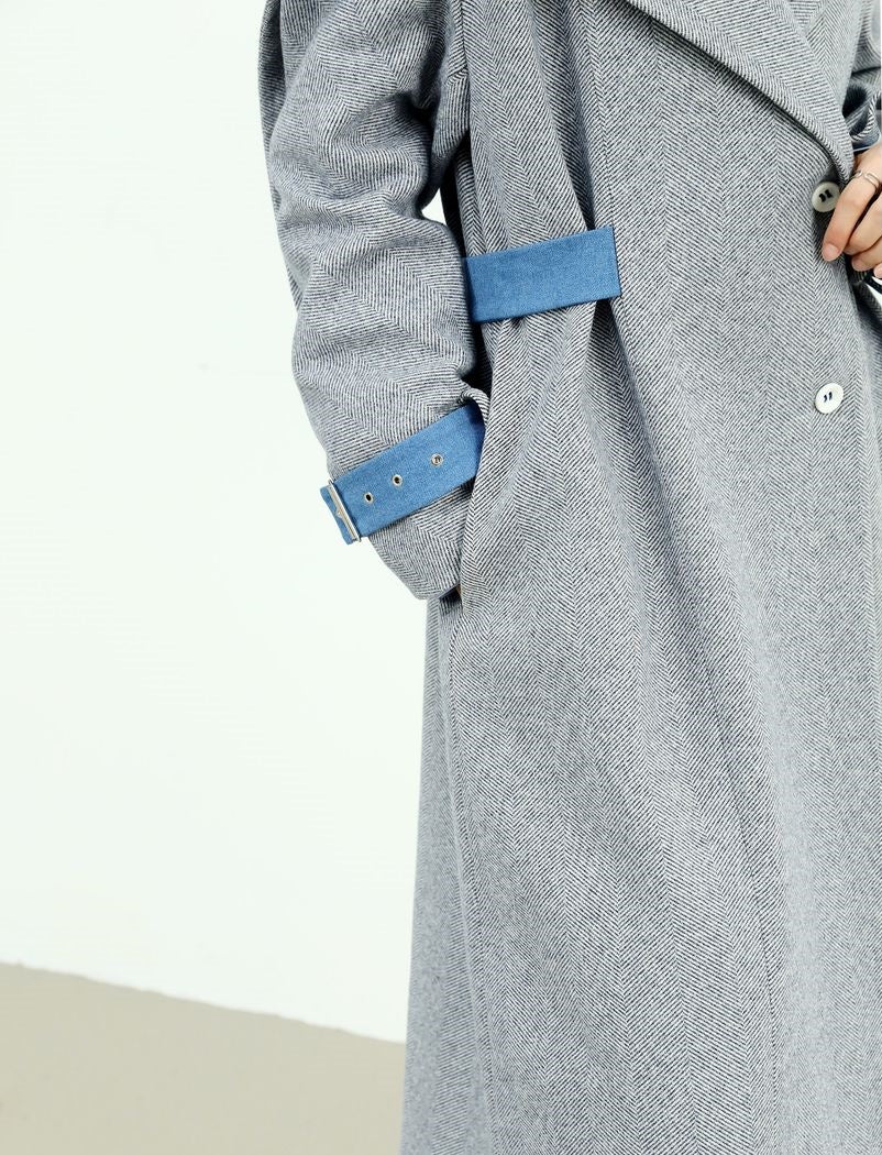 Nichi-Collar Long Bi-Color Coat