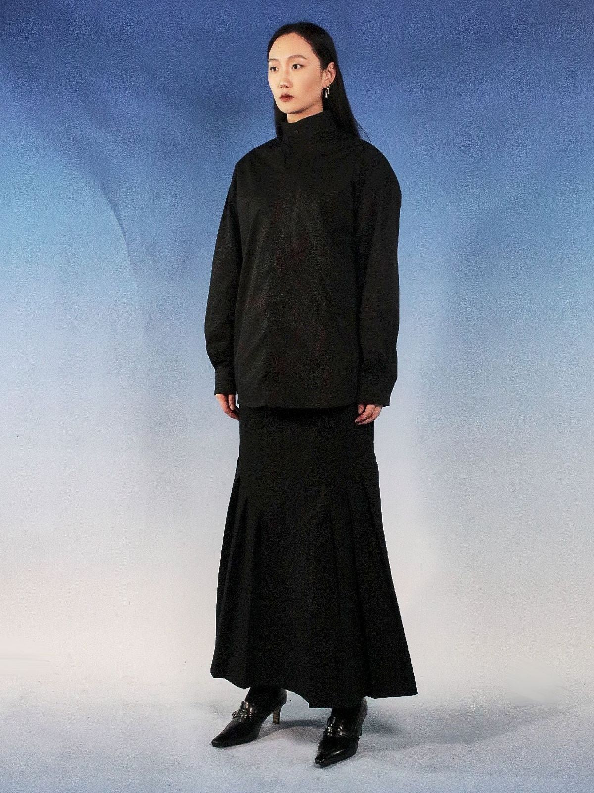 스탠드 콜라 자수 전면 비행 셔츠