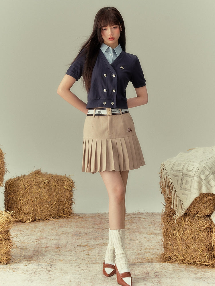 V-NECK COLLEGE SHORL KNIT HALF-SLEEVE CARDIGAN