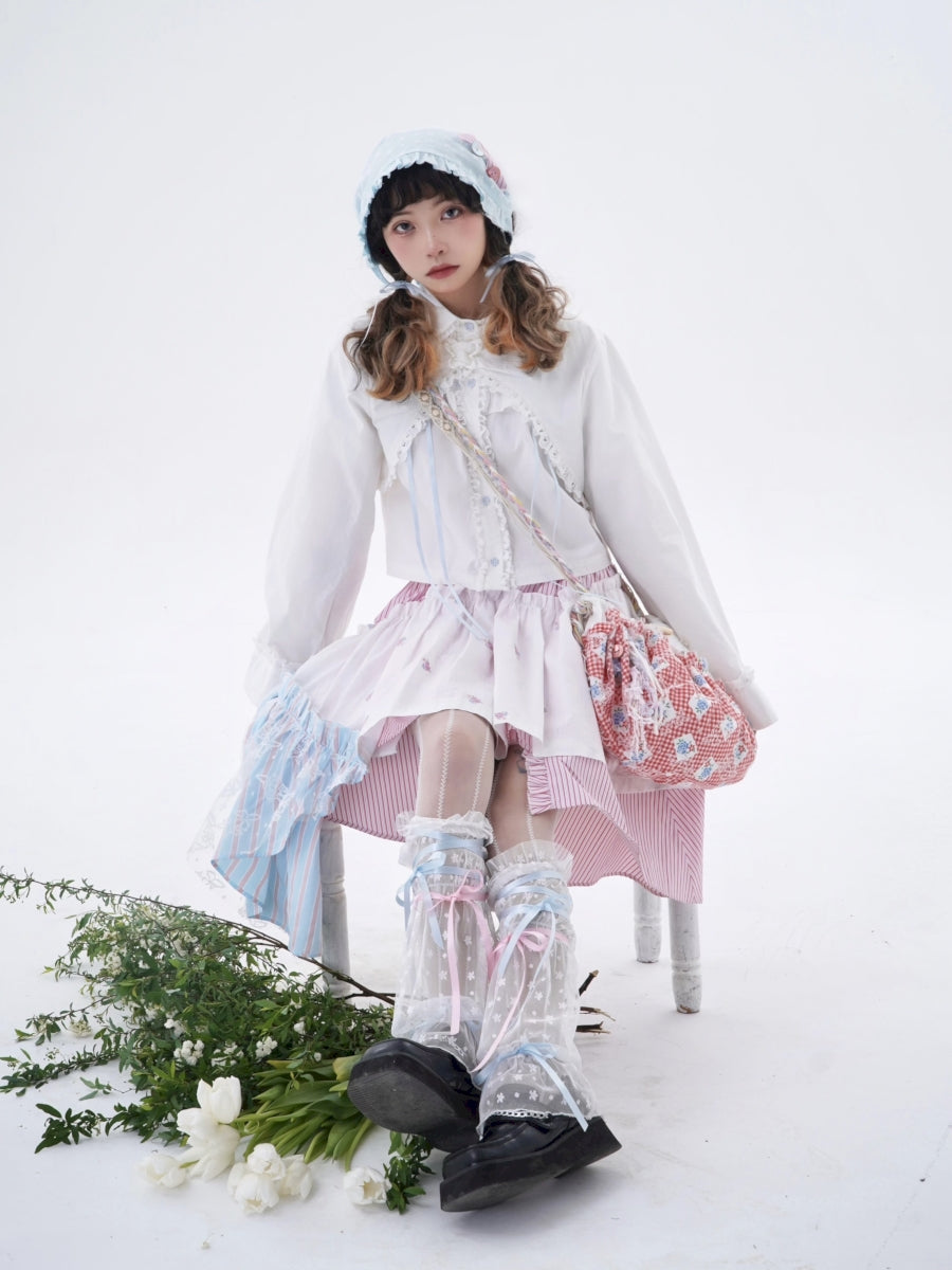 Fancy Patchwork Asymmetry Stripe Pale Girly Retro Skirt