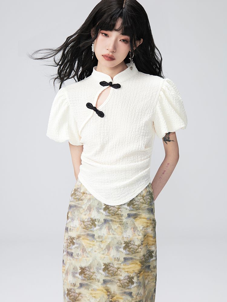 PUFF-SLEEVE FLOWER RETRO BLOUSE & PENCIL-SKIRT