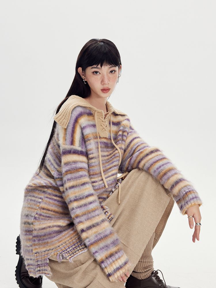 BORDER LOOSE BIG-COLLAR DAMAGE LACE-UP KNIT