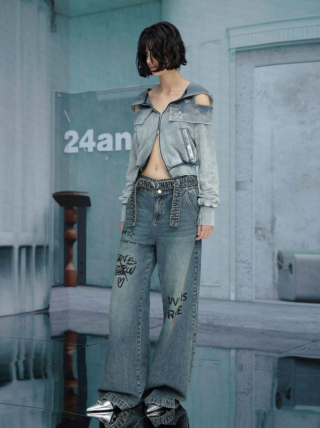 Hoodie beschnittene Open-Shoulder Parka