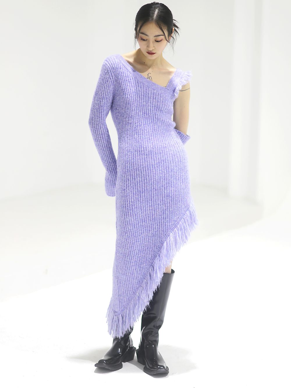 ONE-SHOULDER KNIT NCHI HEM ONE-PIECE