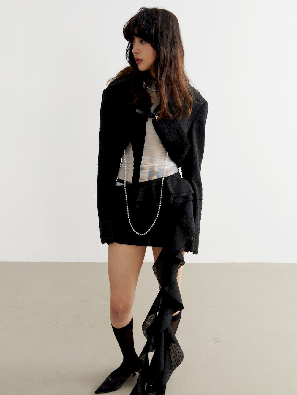 Ruffle Lace Nichi Tight Micromini Long-Frill Skirt