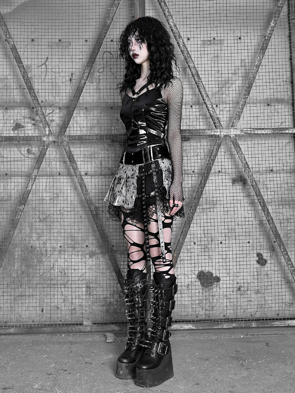 Gothic Leather Mesh Belt Tops