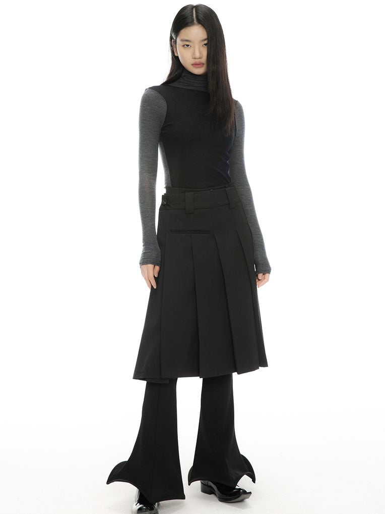 Box-Pleats Plain Flare Asymmetry Skirt