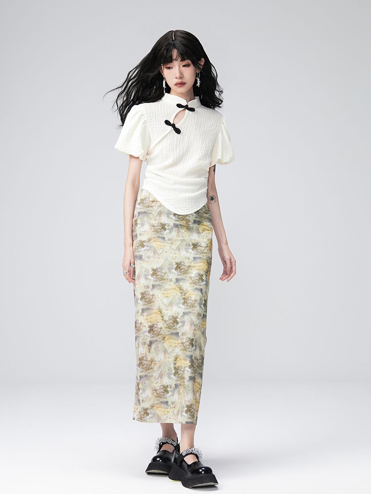 PUFF-SLEEVE FLOWER RETRO BLOUSE & PENCIL-SKIRT