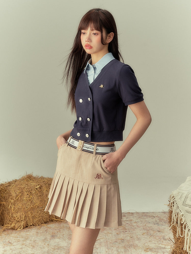 V-NECK COLLEGE SHORL KNIT HALF-SLEEVE CARDIGAN