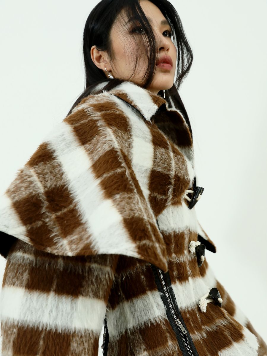 BIG-COLLAR CHECKED FLUFFY RETRO WOOL COAT