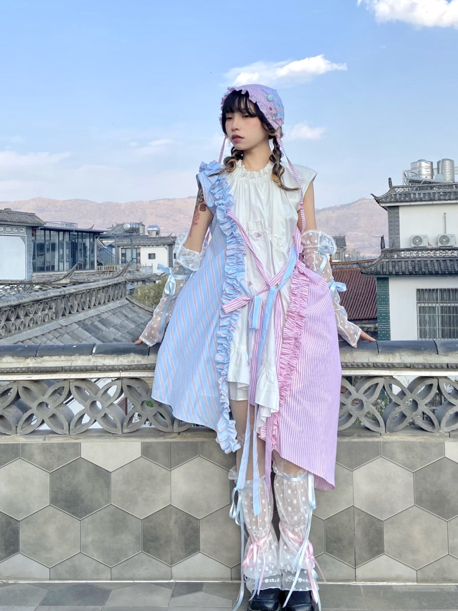 Fancy Patchwork Asymmetry Stripe Pale Girly Retro One-Piece