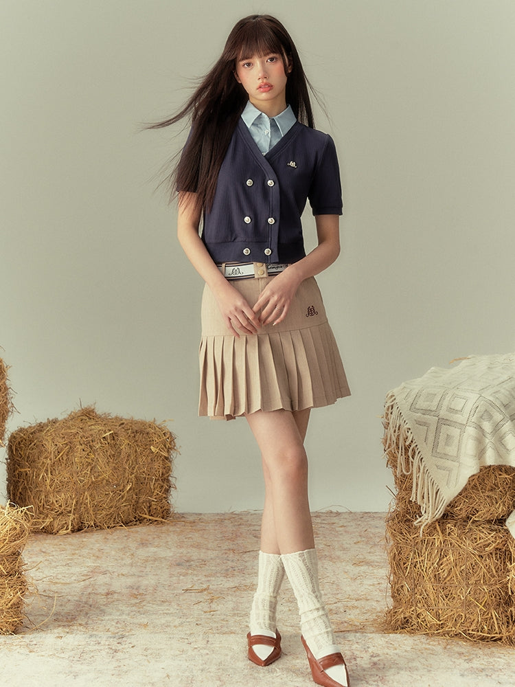 V-NECK COLLEGE SHORL KNIT HALF-SLEEVE CARDIGAN