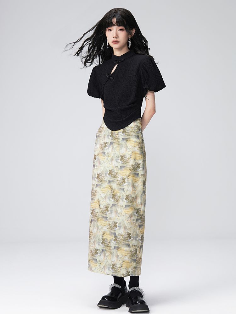 PUFF-SLEEVE FLOWER RETRO BLOUSE & PENCIL-SKIRT