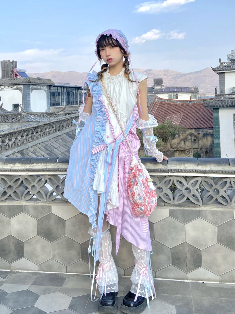 Fancy Patchwork Asymmetry Stripe Pale Girly Retro One-Piece