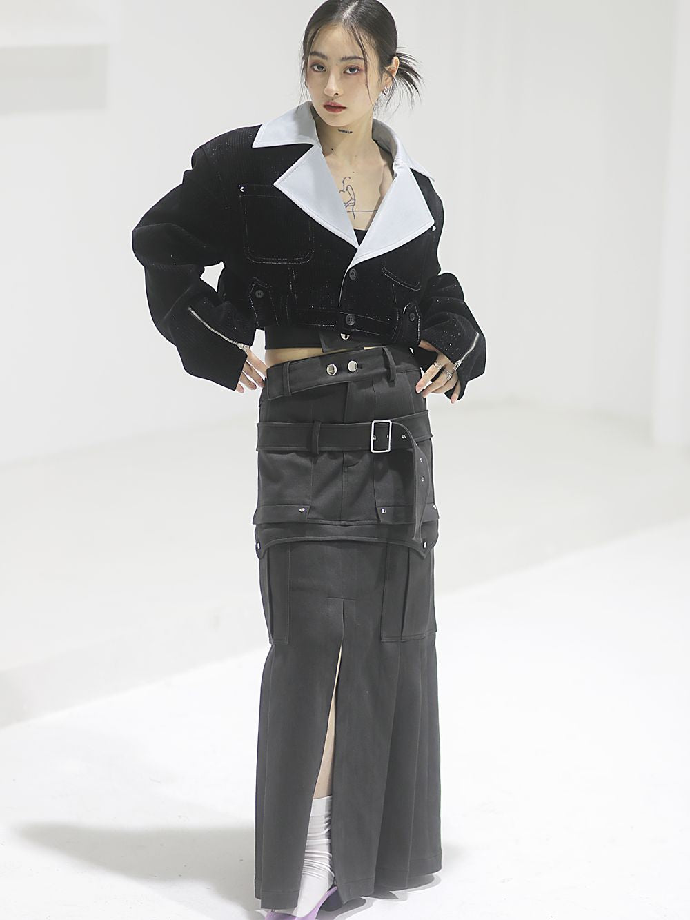 긴 니치 벨트 주름 캐주얼 치마