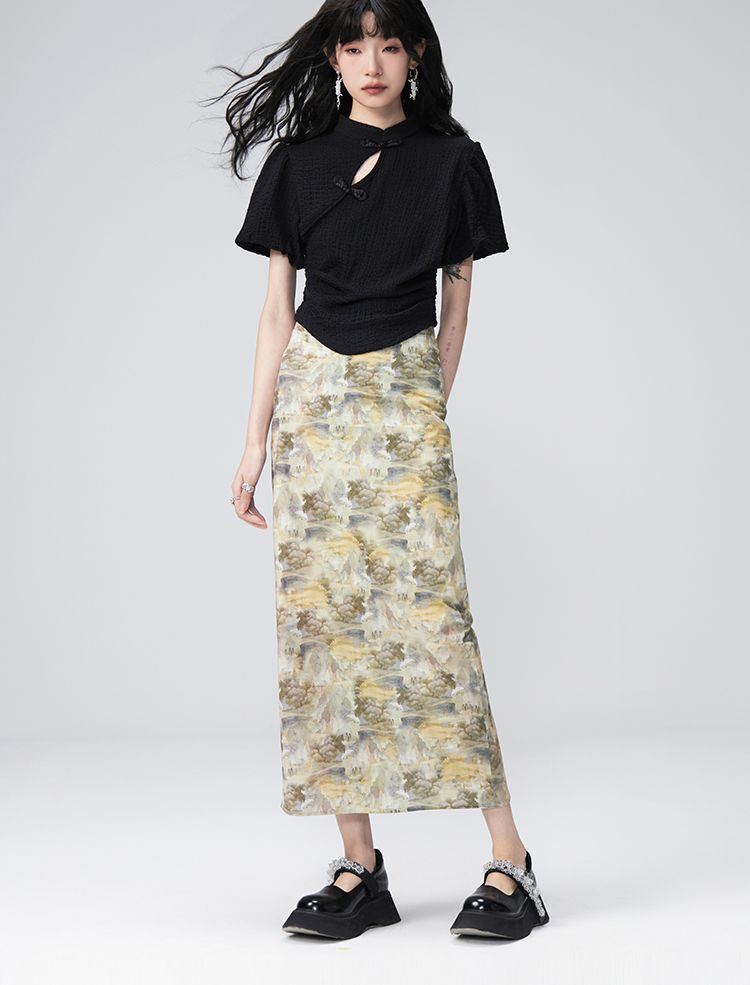 PUFF-SLEEVE FLOWER RETRO BLOUSE & PENCIL-SKIRT